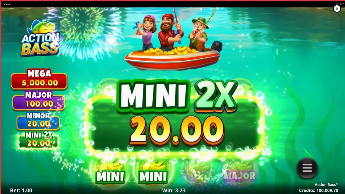 Tampilan visual slot Action Bass dengan tema memancing dan fitur bonus yang menarik